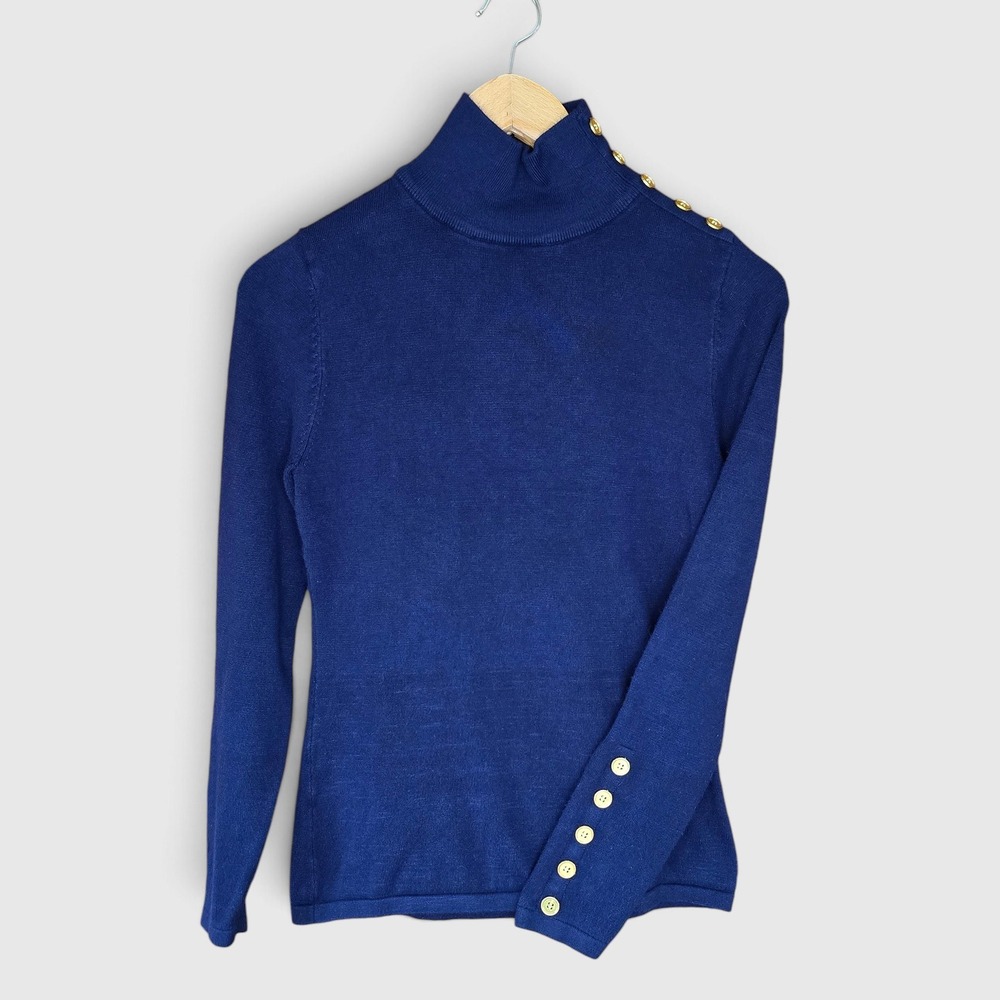Cielo‎ Navy Blue Turtleneck Sweater Gold Button Detail Soft Knit Womens S Preppy